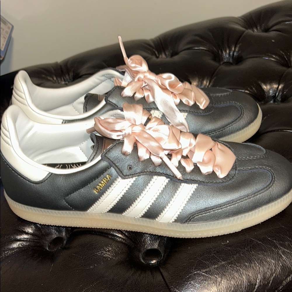 Adidas Gray and White Sneakers with Pink Ribbon Laces